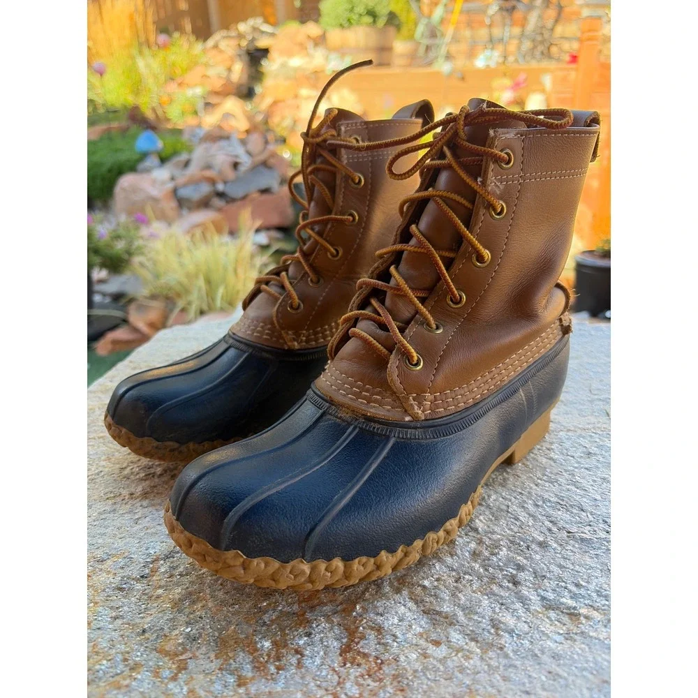 LL Bean 8 Inch Duck Boots Mens 9 Brown Navy Leather Waterproof Rain Snow Maine